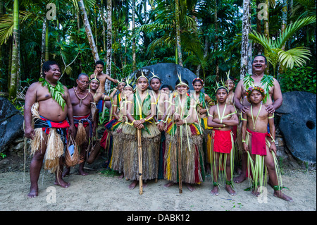 Traditionally dressed islanders posing for the camera, Island of Yap, Federated States of Micronesia, Caroline Islands, Pacific Stock Photo