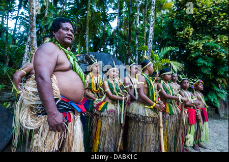 Traditionally dressed islanders posing for the camera, Island of Yap, Federated States of Micronesia, Caroline Islands, Pacific Stock Photo