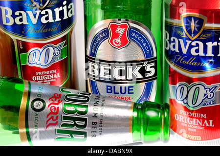 Alcohol-free beer bottles and can Stock Photo