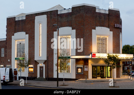 The famous Art Deco Broadway Cinema in Letchworth Garden City, illuminated at dusk, Letchworth, Hertfordshire, England, UK Stock Photo