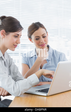 Two businesswomen working on laptop together Stock Photo
