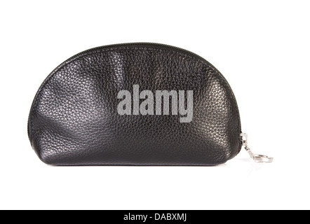 Black leather cosmetics bag over white background Stock Photo