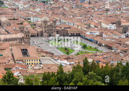 Cuzco cityscape with Plaza de Armas from hill above city, Cuzco, UNESCO World Heritage Site, Peru, South America Stock Photo