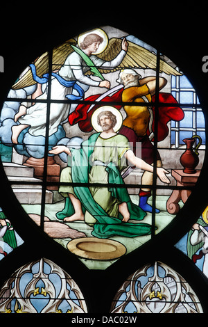 Depiction of the Martyrdom of St. John the Baptist in stained glass in Saint Severin church, Paris, France, Europe Stock Photo