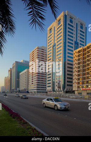 City skyline on Rashid Bin Saeed Al Maktoum Street, Abu Dhabi, United Arab Emirates, Middle East Stock Photo