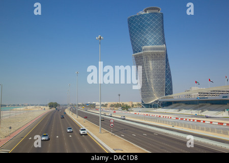 Hyatt Capital Gate Hotel near Abu Dhabi Exhibition Centre from Aloft Hotel, Abu Dhabi, United Arab Emirates, Middle East Stock Photo