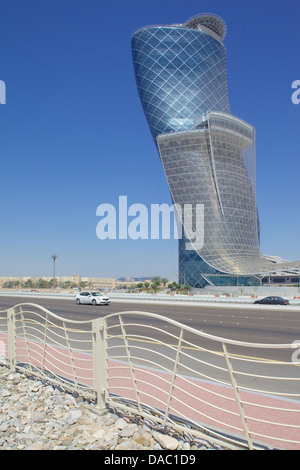 Hyatt Capital Gate Hotel near Abu Dhabi Exhibition Centre from Aloft Hotel, Abu Dhabi, United Arab Emirates, Middle East Stock Photo