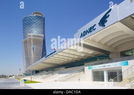 Hyatt Capital Gate Hotel near Abu Dhabi Exhibition Centre from Aloft Hotel, Abu Dhabi, United Arab Emirates, Middle East Stock Photo