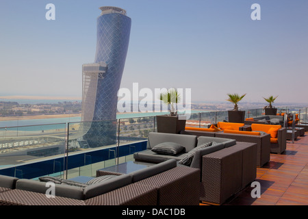 Hyatt Capital Gate Hotel near Abu Dhabi Exhibition Centre from Aloft Hotel, Abu Dhabi, United Arab Emirates, Middle East Stock Photo