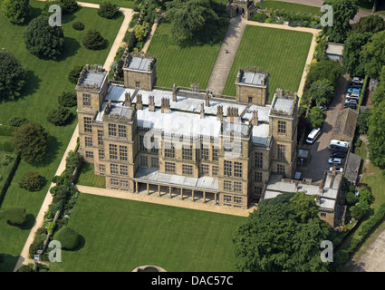 aerial view of Hardwick Hall, the Elizabethan masterpiece mansion built in 1500s near Chesterfield in Derbyshire Stock Photo