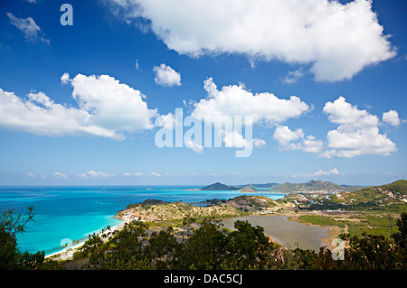 Caribbean landscape in Antigua seen from a hill with Darkwood Beach to the left.