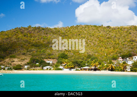 Perfect white caribbean beach with palm trees and turquoise sea. Turners Beach, Antigua. Stock Photo