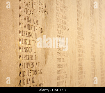 List of fallen soldier's names engraved in marble on the Calgary Soldiers' Memorial Stock Photo