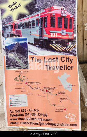 Travel poster route map information sign at the Ollantaytambo Train station terminal in Ollantaytambo, Sacred Valley, Peru. Stock Photo