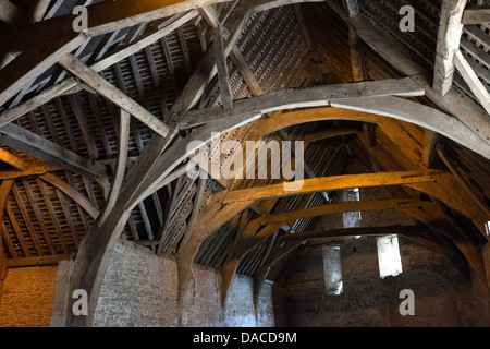 Timber Tithe Barn Inside Interior of Tithe Barn Lacock village wiltshire england uk Stock Photo ...