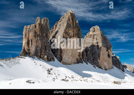 Panoramic view over the Tre Cime di Lavaredo or Drei Zinnen, Dolomites, Veneto, Italy Stock Photo