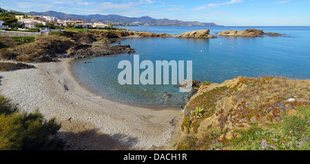 Coastal panorama over a peaceful cove in Mediterranean sea near Llanca, Costa Brava, Catalonia, Spain Stock Photo