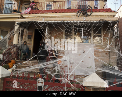 Halloween in the Kensington section of Brooklyn, NY, 2010. Spooky decorations on home welcome trick-or-treaters. Stock Photo