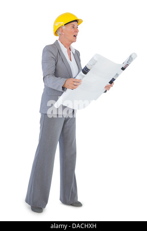 Architect with plan wearing hardhat Stock Photo