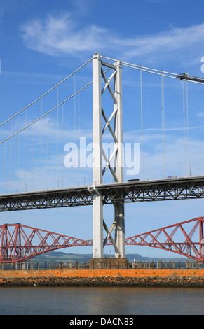 The Forth Rail Bridge seen below the Forth Road Bridge spanning the Firth of Forth from South to North Queensferry in Scotland Stock Photo