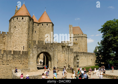 Porte d'Aude through outer wall of old city, Carcassonne, UNESCO World Heritage Site, Languedoc, France, Europe Stock Photo