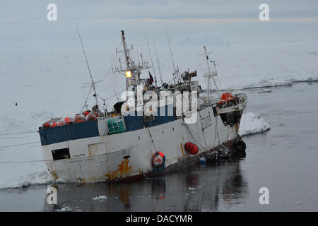 Russian fishing trawler 'Sparta' is stuck in the Antarctic Ocean after an accident, 25 December 2011. The South Korean polar research vessel and icebreaker 'Aaron', that was hired by the owner of the 'Sparta', is now trying to pump out fuel from the ship to weld shut the leek. Photo: ARNE SCHWENK Stock Photo