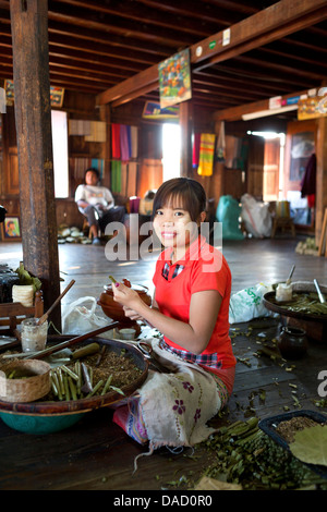 Young woman making cheroots in local factory, Nampan village, Inle lake, Myanmar (Burma), Southeast Asia Stock Photo