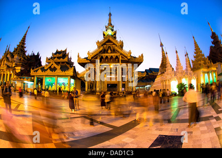 Fisheye shot at night of temples at Shwedagon Paya (Pagoda), Yangon (Rangoon), Myanmar (Burma), Asia Stock Photo