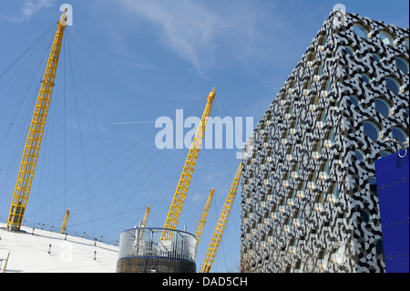 Mosaic facade building by O2 arena, Greenwich, London, England, United Kingdom. Stock Photo