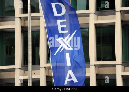 A banner is seen in front of the Dexia-Group headquarters in Brussels, Belgium, 11 October 2011. The debt crisis in the eurozone has aggravated during the past few days. Three years after the financial market crisis banks have yet again to be bailed out. Belgian-French Dexia-Group will be broken up and partially nationalized. Photo: FKPH Stock Photo