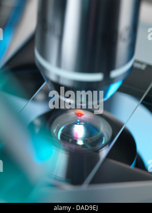 A light microscope examining a sample in lab for pharmaceutical research Stock Photo