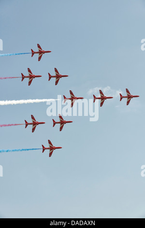 British Royal Air Force Red Arrows Military Aerobatic Display Team in Concorde  formation, display at the 2013 Waddington Intern Stock Photo