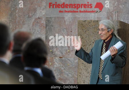 Algerian author Boualem Sansal gestures during the awarding of the Peace Prize of the German Book Trade at St. Paul's Church in Frankfurt Main, Germany, 16 October 2011. Sansal was honored with the Peace Prize of the German Book Trade. He belongs to a small group of intellectuals in Algeria who openly criticize the political and social conditions. The peace prize has been awarded s Stock Photo