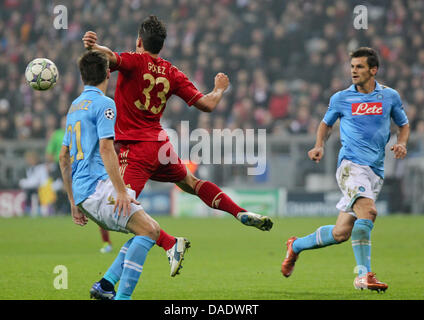 Munich's Mario Gomez (C) and Federico Fernandez (L) of Napoli vie for the ball during the Champions League group A soccer match between FC Bayern Munich and SSC Napoli at Arena in Munich, Germany, 2 November 2011. Photo: Sven Hoppe dpa/lby Stock Photo