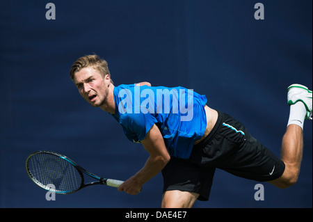 Liam Broady of Great Britain in action serving during singles match Stock Photo
