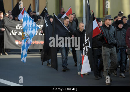 Participants of a neo-Nazi demonstration march through Wunsiedel, Germany, 13 November 2011. More than 350 people attended an inauguration of a memorial site in Wunsiedel and remembered the victims of the death marches from CC Buchenwald to the Concentration Camp in Flossenbuerg. At the same time, around 250 neo-Nazis took part in a demonstration. Photo: DAVID EBENER Stock Photo