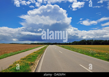 approaching thunderstorm over country road and bikeway, Germany, Baden-Wuerttemberg Stock Photo