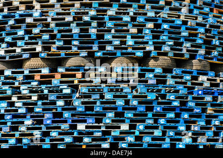 Newtownabbey, Northern Ireland. 11th July 2013.  Pallets and tyres stacked on a loyalist bonfire. Credit:  Stephen Barnes/Alamy Live News Stock Photo