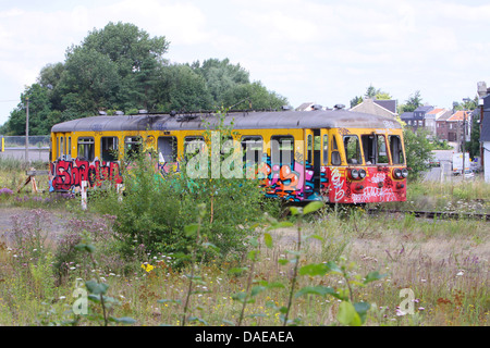 old railcar at abandoned train station, Belgium, Hennegau, Mons Stock Photo