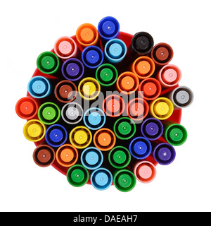 Tub of coloured marker pens Stock Photo