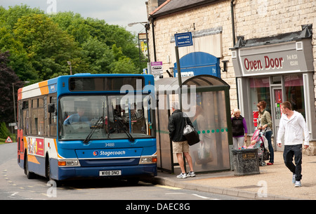 Stagecoach bus waiting at a bus stop in Bolsover, Derbyshire, England. Stock Photo