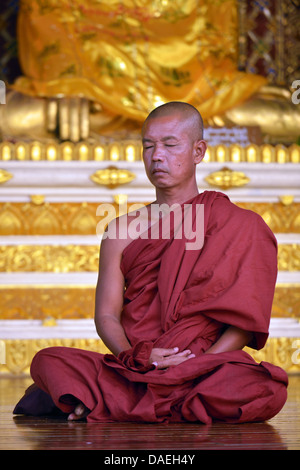 monk sitting meditating in front of a Buddha statue at the Shwedagon Pagoda, the most important sacral building and religious centre of the country, Burma, Yangon Stock Photo
