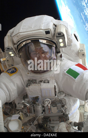 European Space Agency astronaut Luca Parmitano during a spacewalk as work continues on the International Space Station July 9, 2013 in Earth orbit. During the six-hour, seven-minute spacewalk, Cassidy and Parmitano prepared the space station for a new Russian module and performed additional installations on the stations backbone. Stock Photo