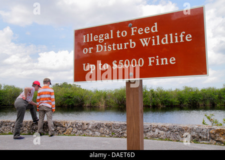 Miami Florida,Florida City,Everglades National Park,Main Park Road,Royal Palm Visitors Center,centre,sign,illegal to feed or disturb wildlife,fine,Anh Stock Photo