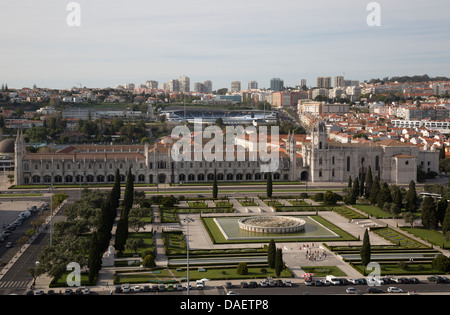 View from the top of Padrão dos Descobrimentos, Discoveries Monument over the Praça do Império to the The Hieronymites Monastery Stock Photo