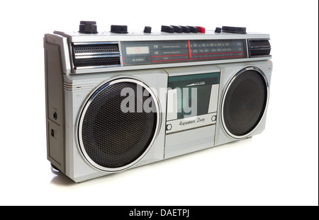 A silver vintage ghettoblaster, boombox on a white background Stock Photo