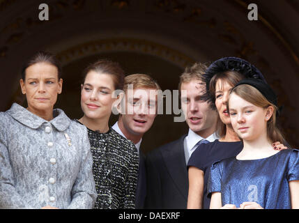 Princess Stephanie of Monaco (L-R), Charlotte, Pierre and Andrea Casiraghi, Princess Caroline of Hanover and Princess Alexandra stand on the balcony of the palace of Monaco, as part of the official ceremonies for the Monaco National Day, 19 November 2011, in Monaco. Photo: Albert Nieboer / NETHERLANDS OUT Stock Photo