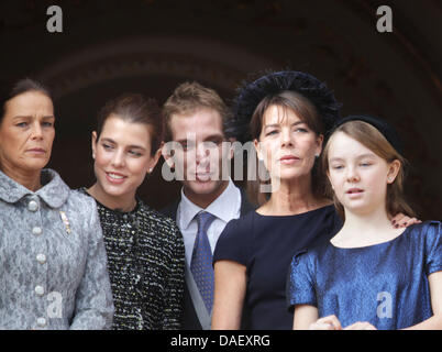 Princess Stephanie of Monaco (L-R), Charlotte, Pierre and Andrea Casiraghi, Princess Caroline of Hanover and Princess Alexandra stand on the balcony of the palace of Monaco, as part of the official ceremonies for the Monaco National Day, 19 November 2011, in Monaco. Photo: Albert Nieboer / NETHERLANDS OUT Stock Photo