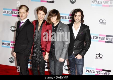 Musicians Nash Overstreet (l-r), Ryan Follese, Jamie Follese and Ian Keaggy of 'Hot Chelle Rae' arrive at the 2011 American Music Awards at Nokia Theatre L.A. Live in Los Angeles, USA, on 20 November 2011. Photo: Hubert Boesl Stock Photo