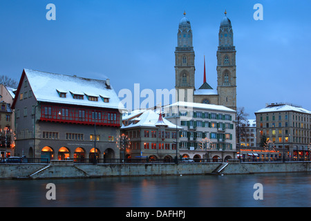 old town, Limmatquai with Guild houses and Grossmuenster, Switzerland, Zurich Stock Photo
